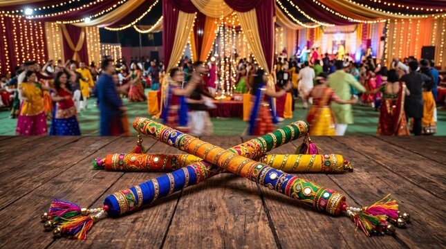Navratri festival, two pairs of colorful decorated wooden Dandiya sticks with mirror work and tassels crossed on a wooden floor, background of a blurred vibrant Garba dance floor