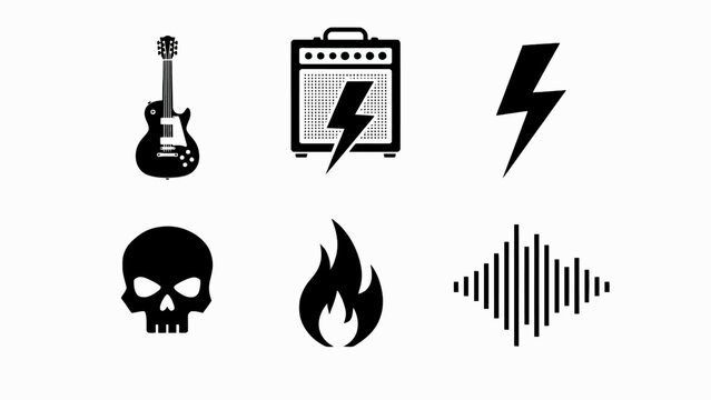 Rock Music Icons: Electric Guitar, Amp, Skull, Fire, Lightning, Soundwave