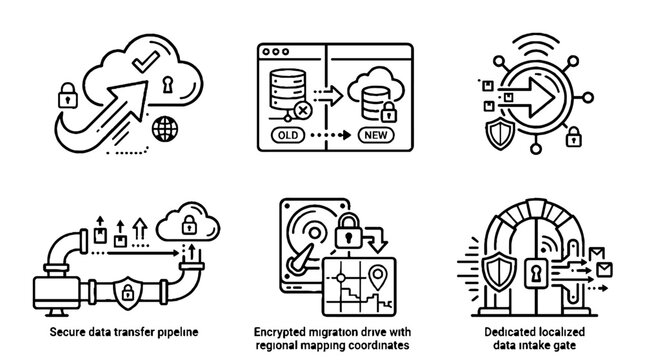 Set of line icons for secure data transfer and migration processes.