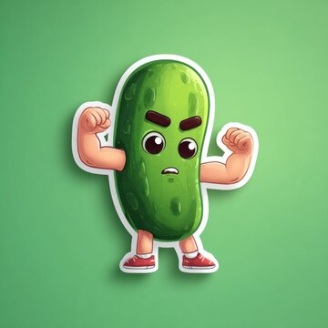 Cute and Quirky Cucumber Character with Oversized Head and Muscular Arms on Green Background