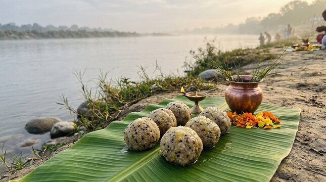 Pitru Paksha Purnima, traditional cooked rice balls pinda mixed with sesame seeds and ghee on a fresh green banana leaf