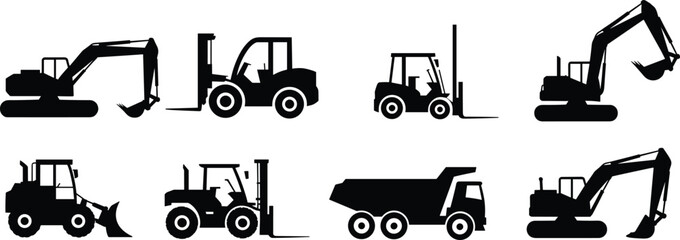 Silhouette construction vehicles set, heavy machinery equipment, excavators and forklifts, industrial transport icons, dump truck illustration, isolated black machinery graphics © Mst