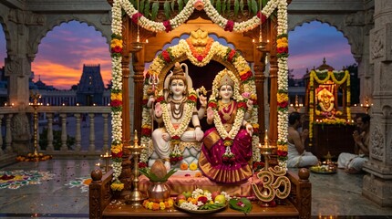 Fototapeta premium Pradosh Vrat festival, beautifully decorated idols of Lord Shiva and Goddess Parvati seated together, adorned with fresh jasmine garlands