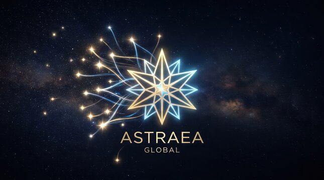 Astraea global star emblem logo design featuring cosmic light trails in deep night space.