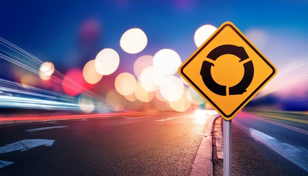 roundabout warning sign on blur traffic road with colorful bokeh light abstract background