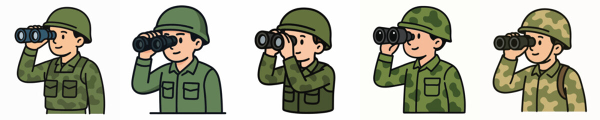 Fototapeta premium Set of vector illustrations of soldiers using binoculars