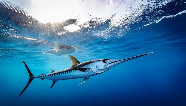a close up view of a blue marlin swimming through clear ocean water highlighting marine biodiversity healthy sea ecosystems and the importance of protecting aquatic life