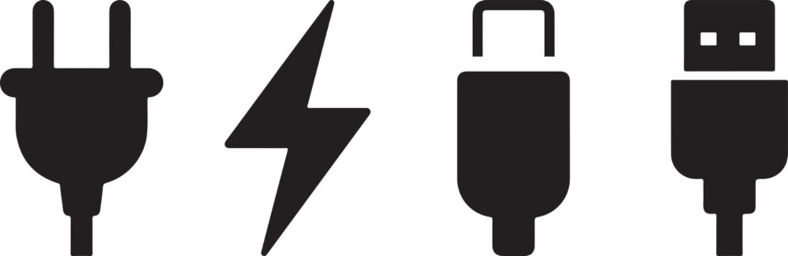 Electric plug and various connectors on white background