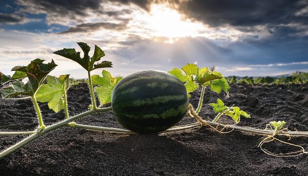 black watermelon vine volcanic soil dramatic cloudy sky with sun rays lone fruit and curling tendrils conveying resilience and quiet wonder
