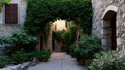 Naklejka premium A charming view of an old town passage featuring arched doorways wooden shutters and ivy covered walls bathed in natural daylight