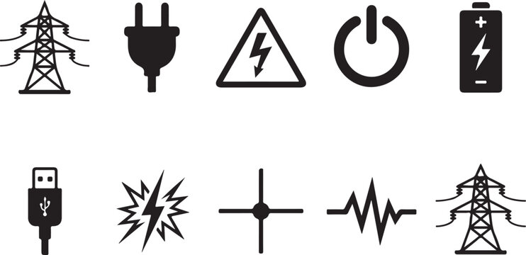 Electricity symbols and icons for technology and energy concepts in one frame