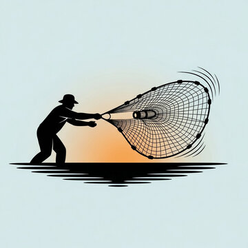 Silhouette of a fisherman casting a circular net into the water against a glowing sunset background.