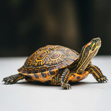 Small turtle with intricate patterned shell looking up on white surface against dark blurred background.