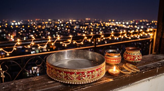 Karwa Chauth celebration, a close-up of a decorated sieve chalni resting on a balcony ledge, background of a soft-focus warm city night skyline with twinkling lights 