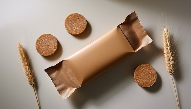 kraft paper snack bar wrapper mockup minimal neutral background natural packaging with soft shadows and clean composition