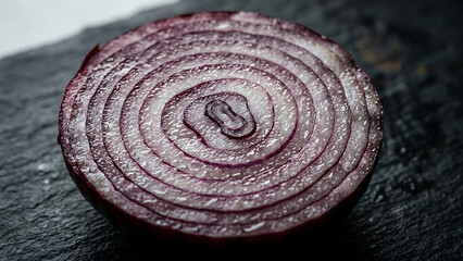 Naklejka premium Close-up cross-section of a fresh red onion revealing intricate concentric layers and vibrant purple hues.