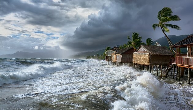 coastal village battered by giant tropical waves rainy storm afternoon rustic wooden stilt houses palm trees dramatic clouds