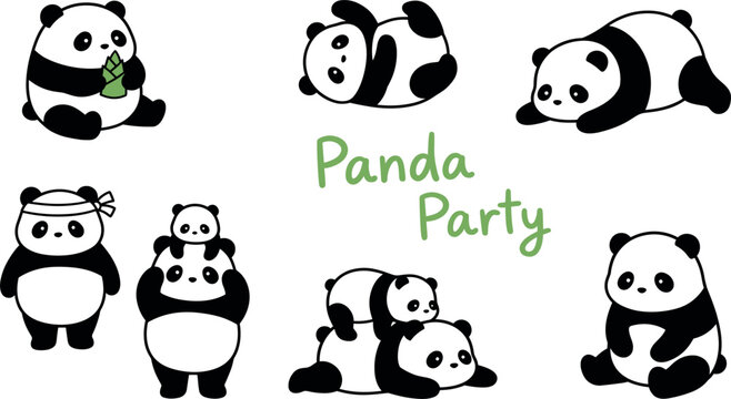 Cute panda bear vector collection with funny characters eating bamboo and rolling for sweet kids party designs