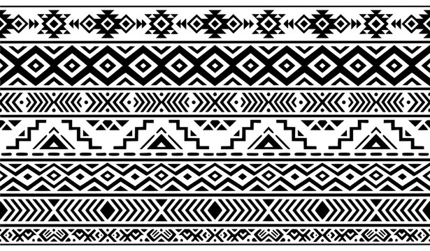 Black and White Ethnic Tribal Seamless Border Pattern Set with Geometric Aztec Ornaments and Navajo Style Textures for Fabric and Print Design