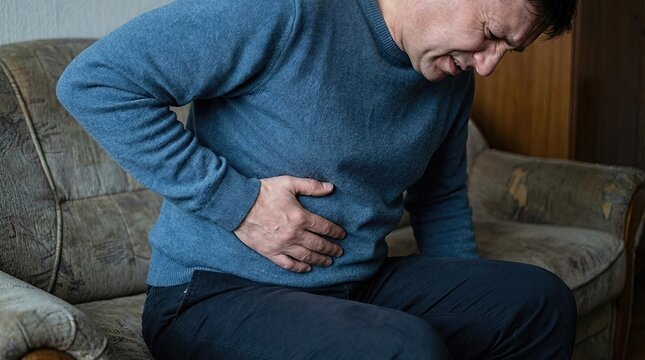 Adult man suffering severe abdominal pain, clutching his side, a symptom of potential gallbladder disease, indicating a serious digestive illness, medical health issue