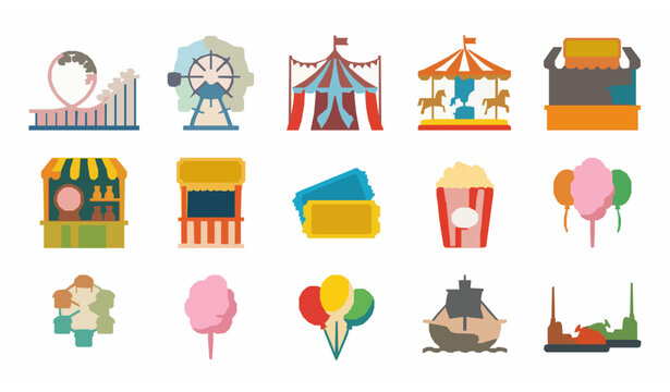 Amusement park vector set with carnival rides and roller coaster entertainment icons