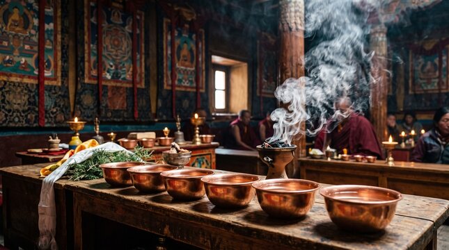 Ladakhi Festival, row of polished copper water offering bowls on a wooden altar, burning juniper incense emitting smoke, background of a dimly lit monastery interior with rich thangka paintings