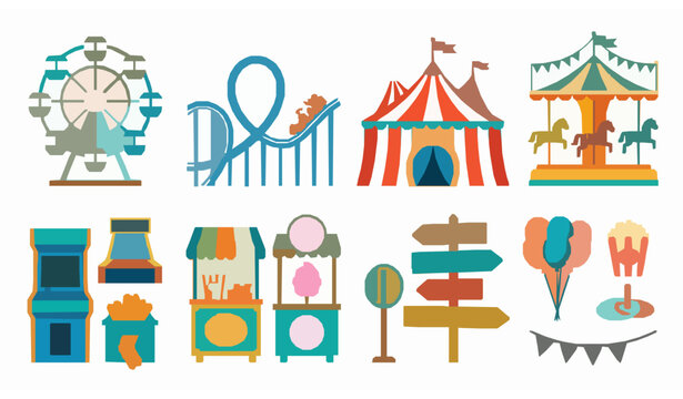 Carnival festival vector collection with amusement ride and recreation icons