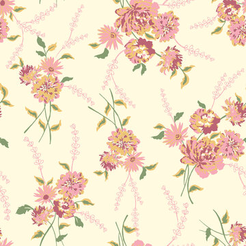 Yellow background with Bunch floral seamless print pattern