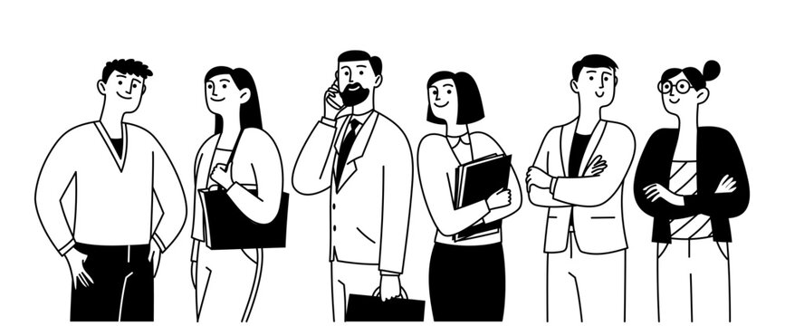 A group of people representing international companies. Business, men and women. Diversity. Vector doodle illustration.