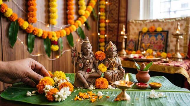 Hartalika Teej, small handmade clay idols of Lord Shiva and Goddess Parvati on a leaf base, decorated with small flowers