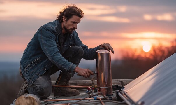 Technical professional in denim wear installing copper piping for a solar heating system on a residential roof during a vivid sunset for energy efficiency