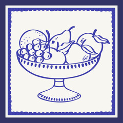 Obraz premium Blue Mediterranean tile with a pedestal bowl holding grapes, pear, apple and bananas, framed by scalloped borders on cream. Suitable for tiles, cards, menus, posters, labels, packaging and stationery