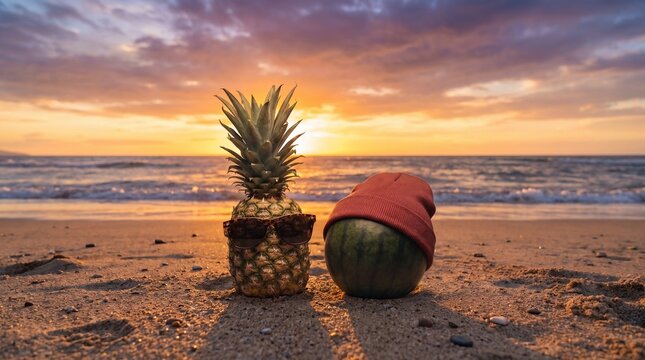A pineapple wearing sunglasses and a watermelon with a red beanie sit on the sandy beach during a beautiful golden sunset capturing a fun summer vibe