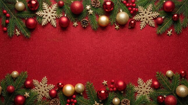 Christmas balls and gold snowflakes arranged on a red background with blank space for text.