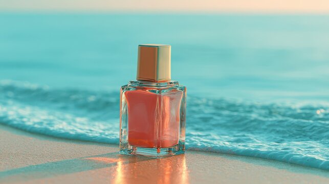 An elegant glass perfume bottle filled with coral pink liquid stands on wet golden sand at the shoreline with blurry sea waves.