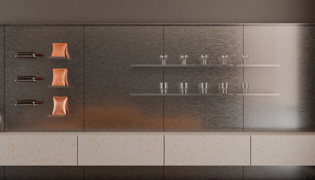 Modern Kitchen Storage: Sleek metallic cabinets with orange pouches and clear glass shelves holding small glasses create a stylish and organized kitchen ambiance.