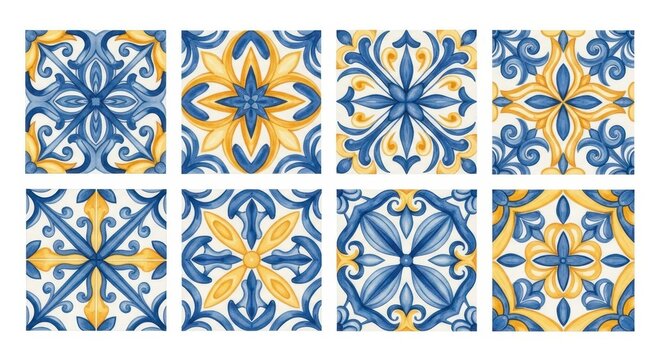 Set of Watercolor Mediterranean Azulejo Tiles with Blue and Yellow Floral Geometric Patterns for Interior Design