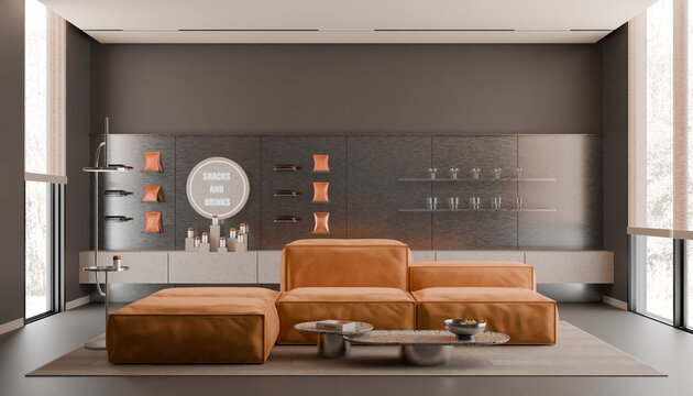 Modern Living Room Oasis: A contemporary living space featuring a sleek modular sofa, a minimalist coffee table, and panoramic windows offering serene views.