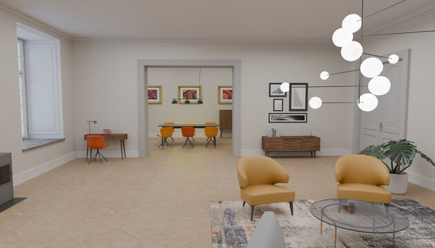 Modern Living Room and Dining Area: An inviting contemporary interior featuring a comfortable living room with plush armchairs and a stylish dining area visible through an open doorway.