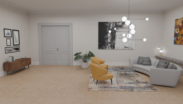 Modern Living Room Elegance: A stylish, minimalist living room featuring a curved sofa, vibrant yellow armchairs, and contemporary art, illuminated by a unique chandelier.