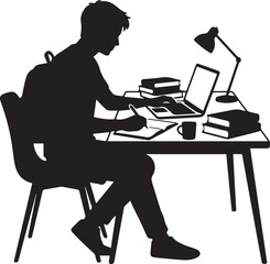 Fototapeta premium Male student silhouette sitting at table writing in notebook while using laptop with coffee mug books and lamp in workspace.
