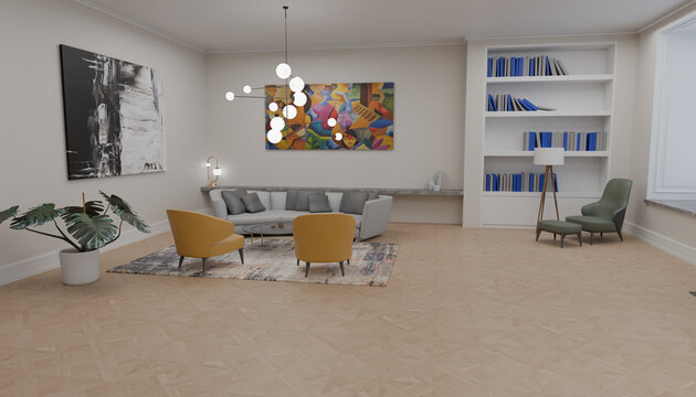 Elegant Living Room Ambiance: A tastefully decorated living room featuring a plush sofa, modern accent chairs, and a vibrant piece of artwork, all illuminated by soft, ambient lighting.