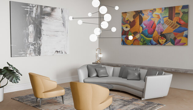 Modern Living Room Art Display: A stylishly appointed living room features a curved sofa, contemporary armchairs, and striking abstract art on the walls, creating an elegant and inviting atmosphere.