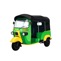 Fototapeta premium Green and yellow motorized three-wheeled rickshaw taxi with tuk three wheeler auto rickshaw transportation motorized passenger colorful as isolated element