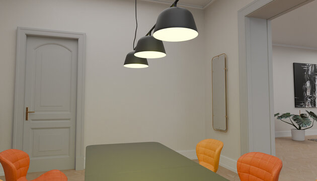 Modern Dining Room Aesthetic: A sleek, modern dining room featuring a simple table, vibrant orange chairs, and contemporary pendant lights, creating an inviting atmosphere for gatherings.