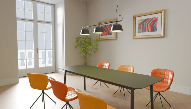 Modern Dining Room with Artwork: A long, minimalist dining table with contemporary chairs, accented by vibrant artwork and a tall potted plant.
