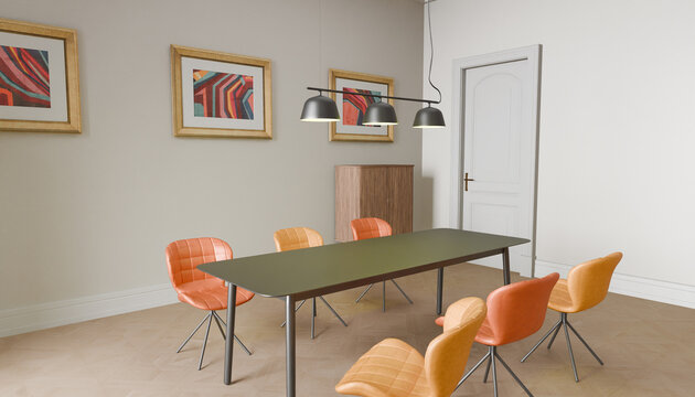Modern Dining Room Setup: A contemporary dining room features a sleek, dark-topped rectangular table surrounded by vibrant orange and yellow chairs.