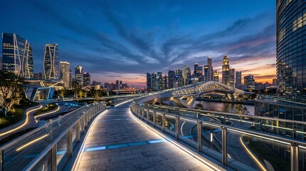 Fototapeta premium Cityscape, urban landscape, modern city, twilight skyline, illuminated bridge
