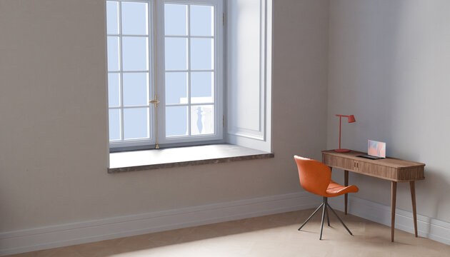 Minimalist Workspace: A modern, uncluttered workspace featuring a small desk with a laptop and lamp next to an orange chair, positioned near a large, light-filled window.