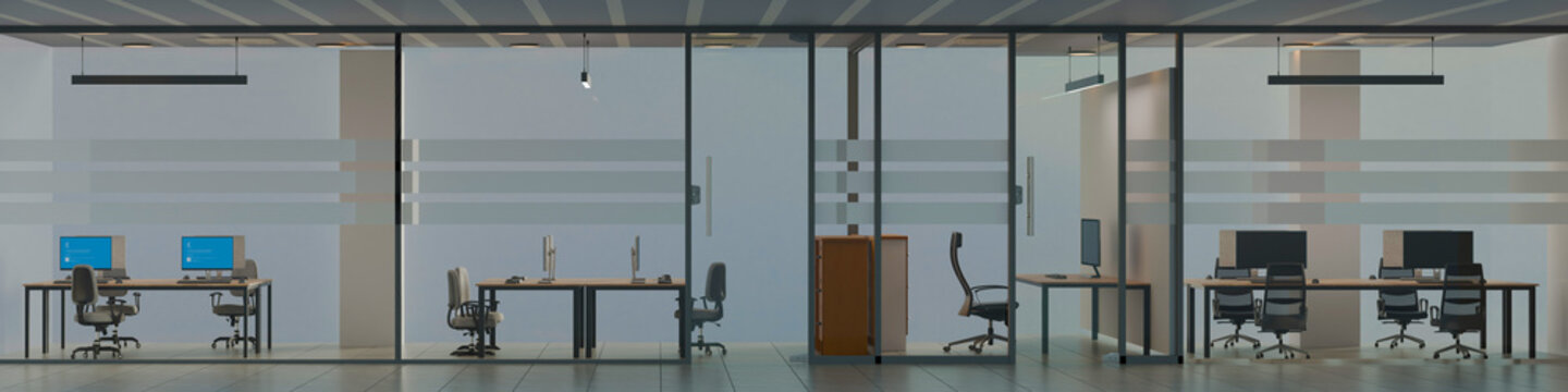 Modern Office Space: An empty, contemporary office interior featuring sleek desks, computers, and chairs visible through floor-to-ceiling windows.